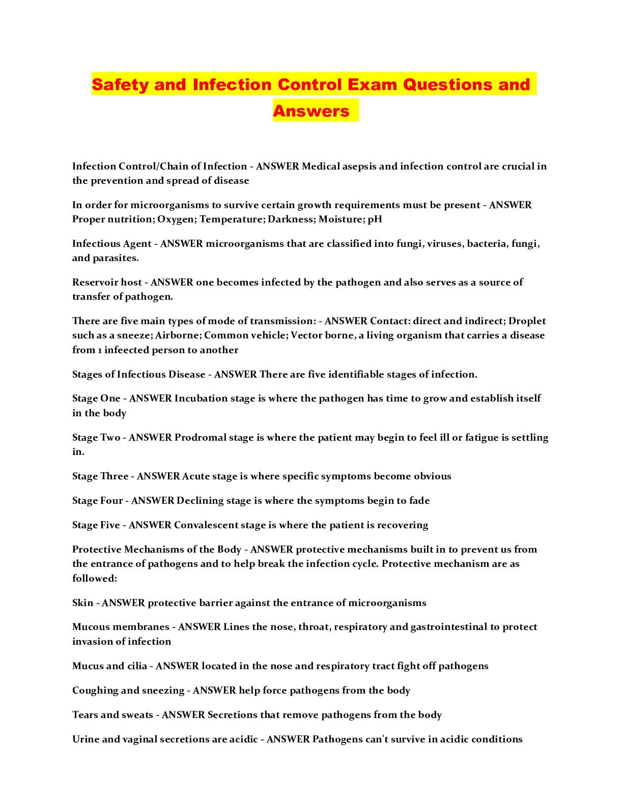 Safety and Infection Control Exam Questions and Answers Browsegrades